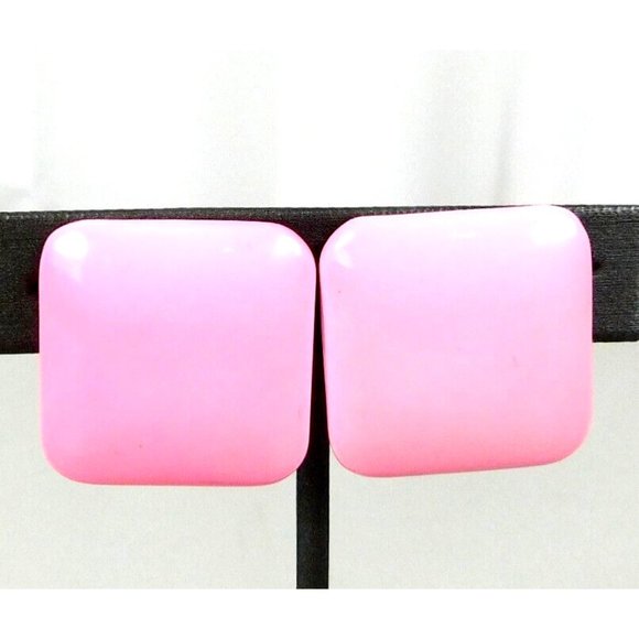 Pink Oversized Square Button Style Pierced Earrings Pushback Closure - Picture 2 of 7